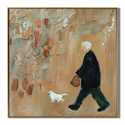 White Dog Keeps Pace — Elderly Dog Walker Painting | Minimalist Figurative Square Wall Art – brown and gold minimalist figurative people & pets art, square hand-painted canvas art – view 1