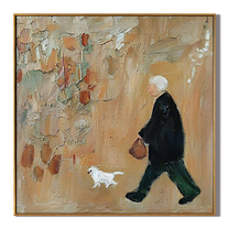 White Dog Keeps Pace — Elderly Dog Walker Painting | Minimalist Figurative Square Wall Art – brown and gold minimalist figurative people & pets art, square hand-painted canvas art – view 1