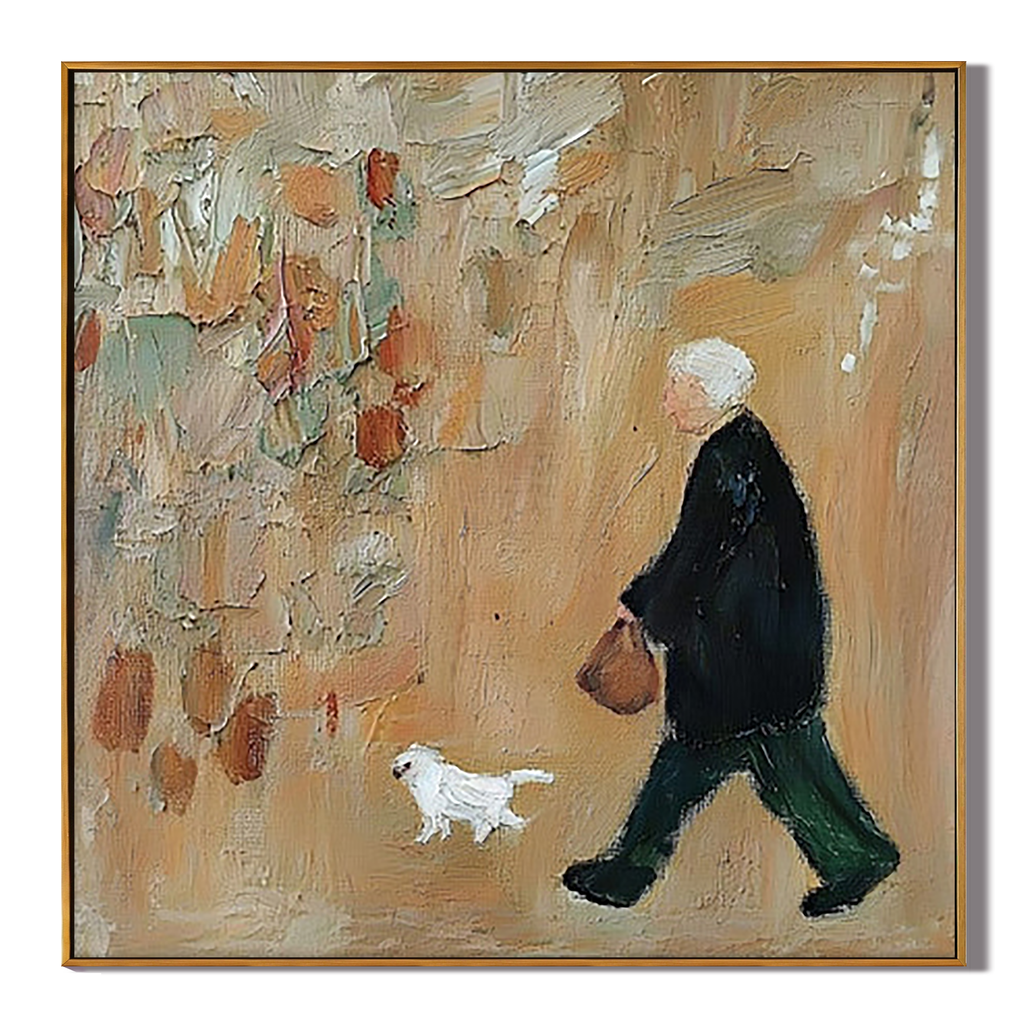 White Dog Keeps Pace — Elderly Dog Walker Painting | Minimalist Figurative Square Wall Art – brown and gold minimalist figurative people & pets art, square hand-painted canvas art – view 1