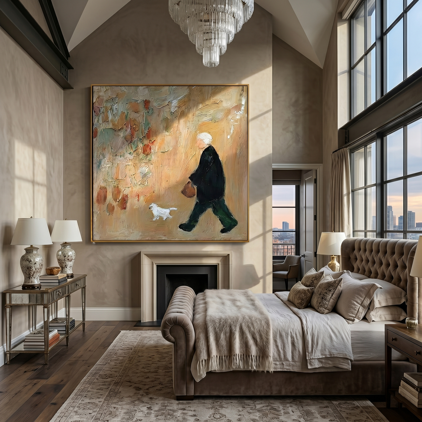 White Dog Keeps Pace — Elderly Dog Walker Painting | Minimalist Figurative Square Wall Art – brown and gold minimalist figurative people & pets art, square hand-painted canvas art – view 3