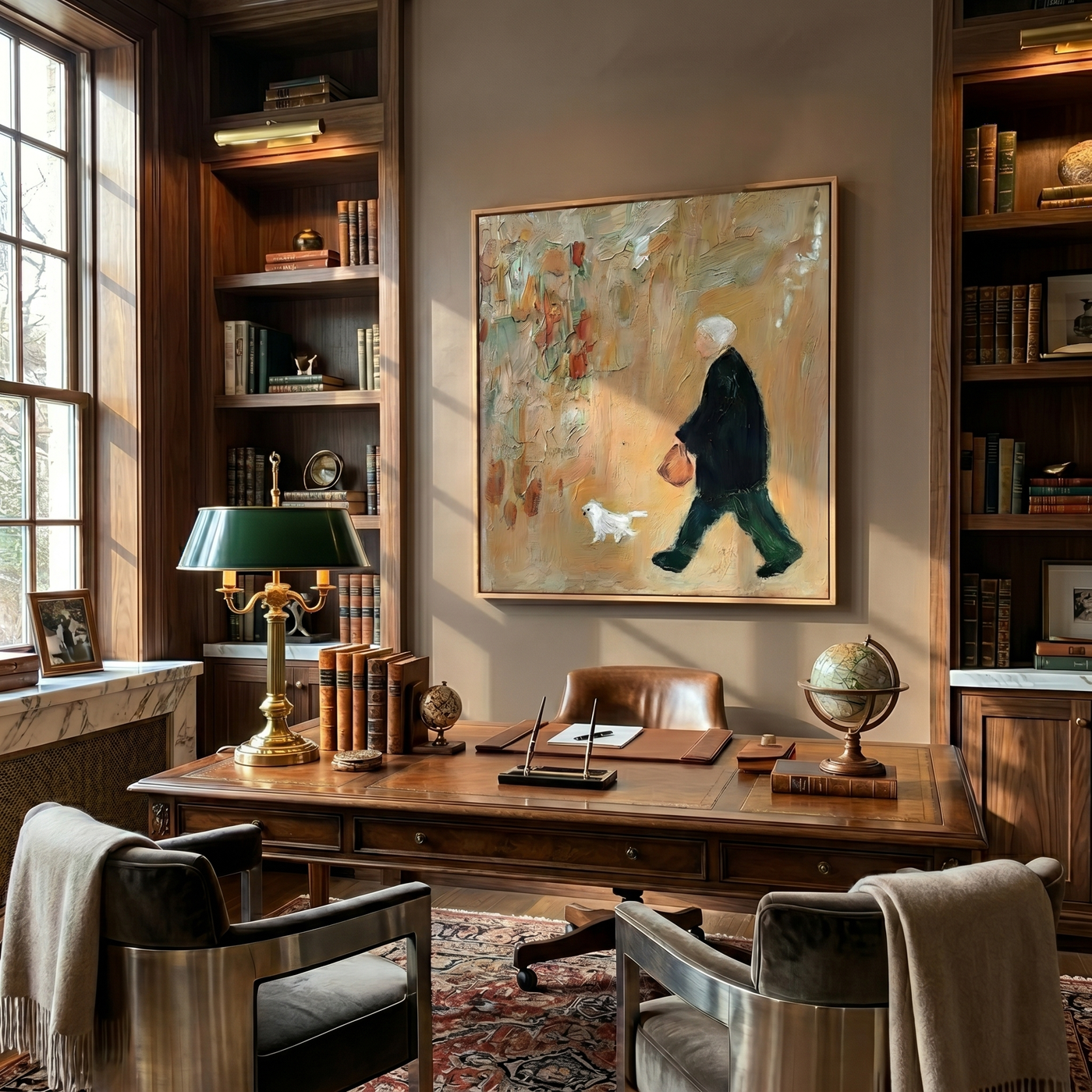 White Dog Keeps Pace — Elderly Dog Walker Painting | Minimalist Figurative Square Wall Art – brown and gold minimalist figurative people & pets art, square hand-painted canvas art – view 4