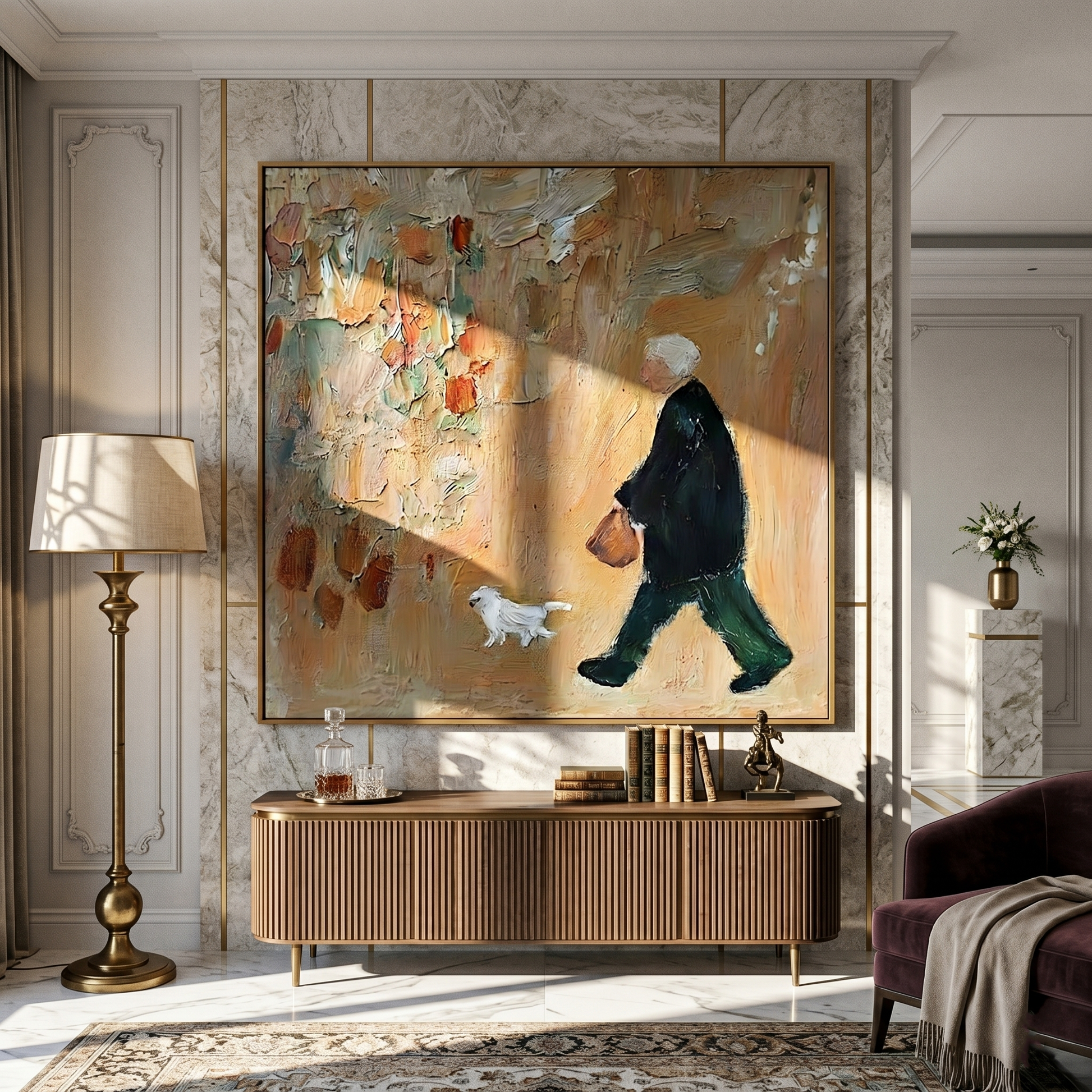 White Dog Keeps Pace — Elderly Dog Walker Painting | Minimalist Figurative Square Wall Art – brown and gold minimalist figurative people & pets art, square hand-painted canvas art – view 5