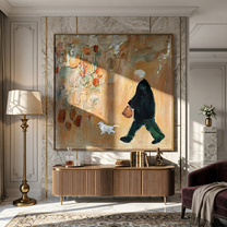 White Dog Keeps Pace — Elderly Dog Walker Painting | Minimalist Figurative Square Wall Art – brown and gold minimalist figurative people & pets art, square hand-painted canvas art – view 5