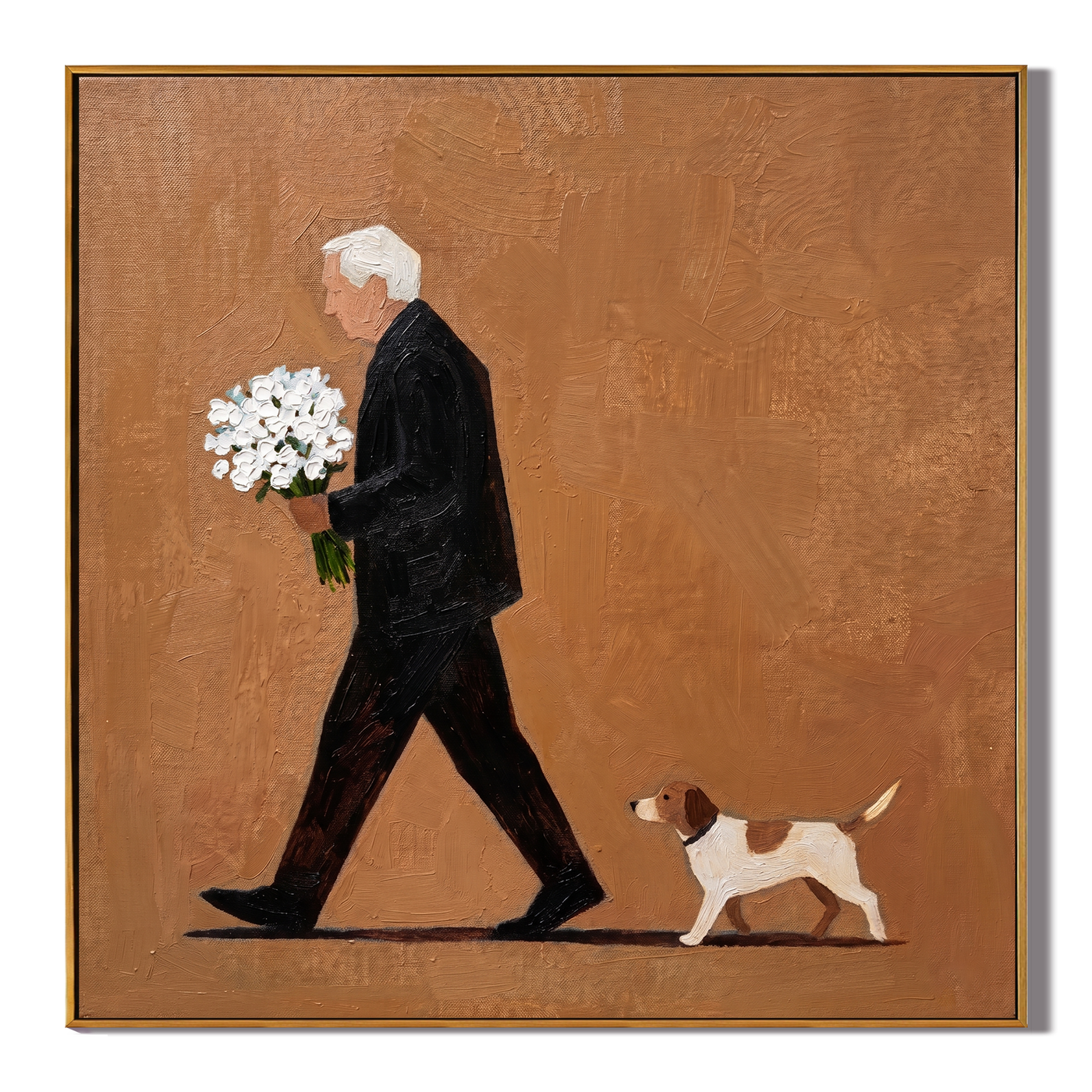 Flowers Walk Beside Us — Bouquet and Dog Walker Painting | Minimalist Figurative Square Wall Art – brown and black minimalist figurative people & pets art, square hand-painted canvas art – view 1