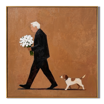 Flowers Walk Beside Us — Bouquet and Dog Walker Painting | Minimalist Figurative Square Wall Art – brown and black minimalist figurative people & pets art, square hand-painted canvas art – view 1