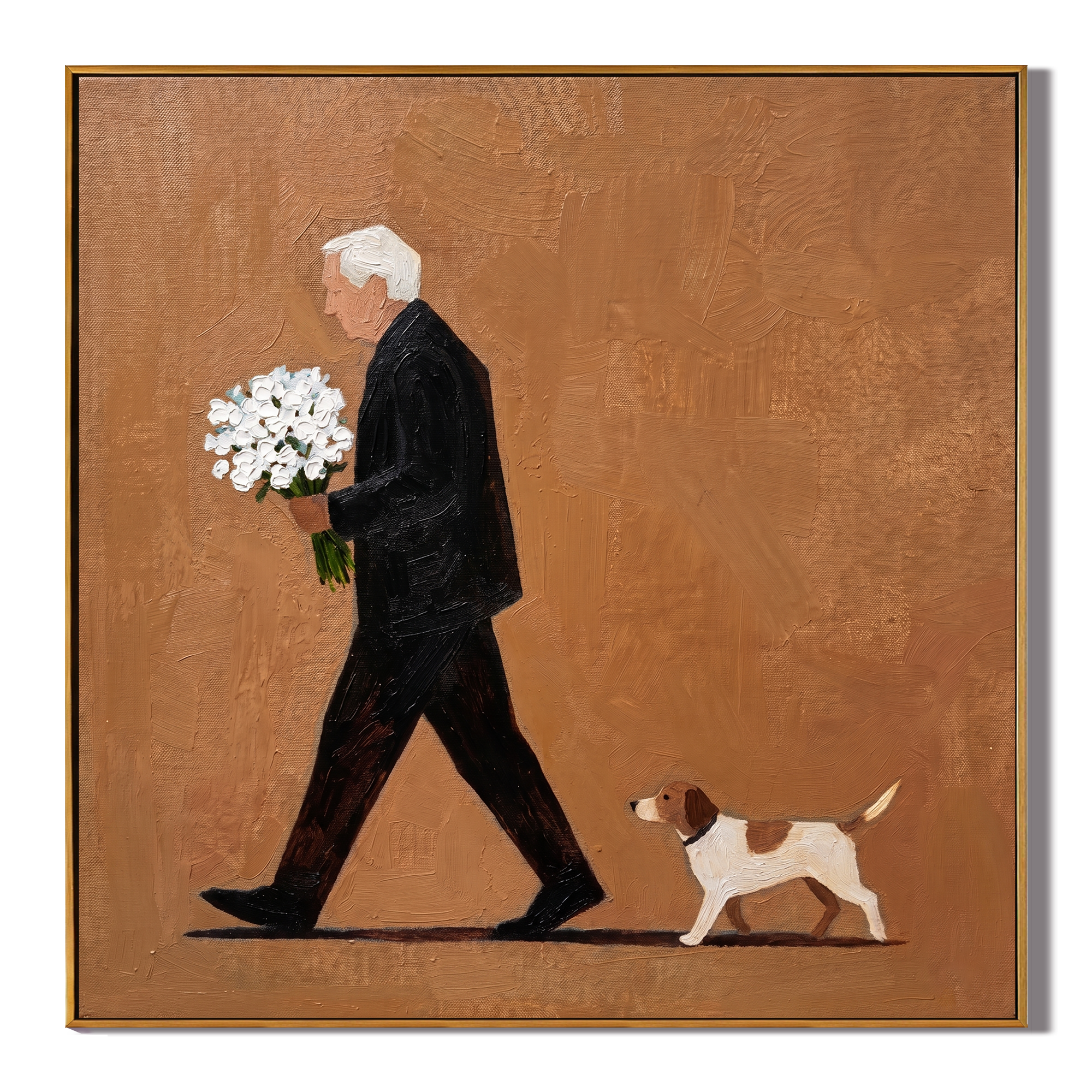 Flowers Walk Beside Us — Bouquet and Dog Walker Painting | Minimalist Figurative Square Wall Art – brown and black minimalist figurative people & pets art, square hand-painted canvas art – view 1