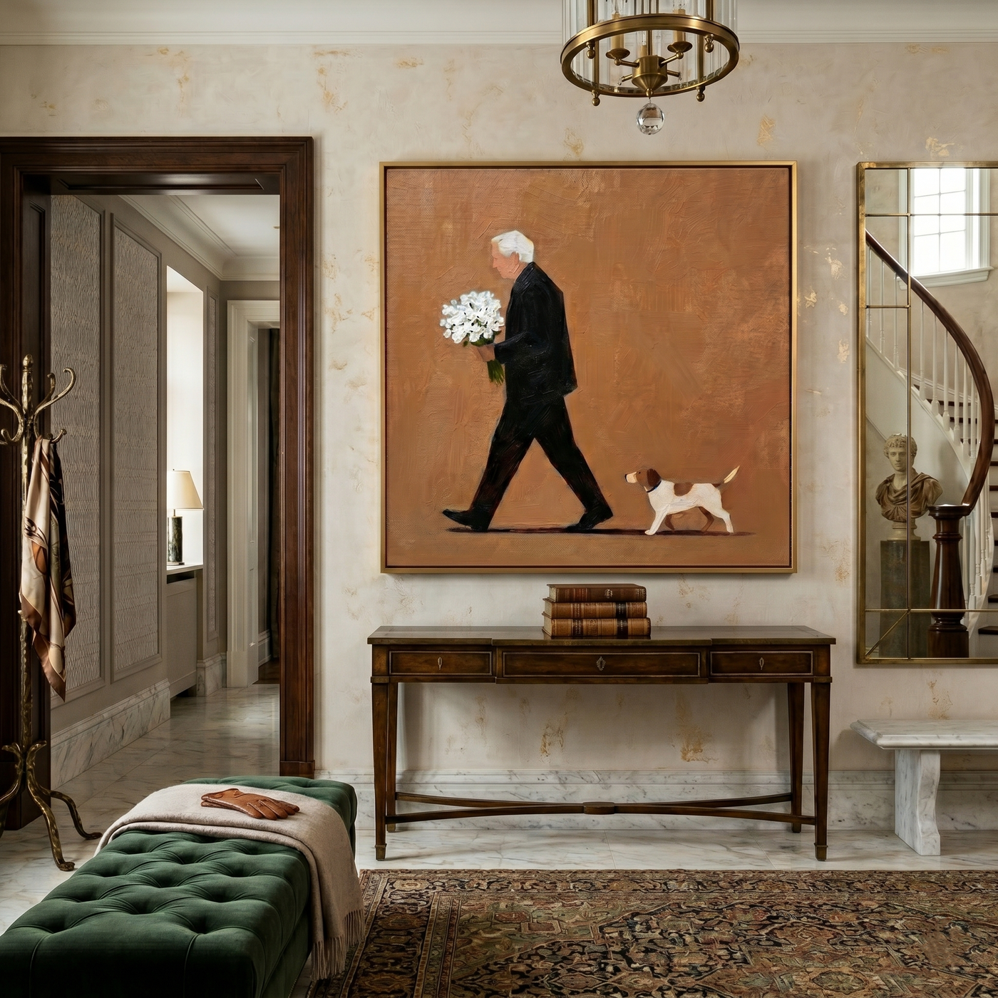 Flowers Walk Beside Us — Bouquet and Dog Walker Painting | Minimalist Figurative Square Wall Art – brown and black minimalist figurative people & pets art, square hand-painted canvas art – view 2
