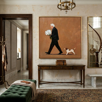 Flowers Walk Beside Us — Bouquet and Dog Walker Painting | Minimalist Figurative Square Wall Art – brown and black minimalist figurative people & pets art, square hand-painted canvas art – view 2
