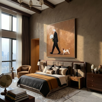 Flowers Walk Beside Us — Bouquet and Dog Walker Painting | Minimalist Figurative Square Wall Art – brown and black minimalist figurative people & pets art, square hand-painted canvas art – view 6