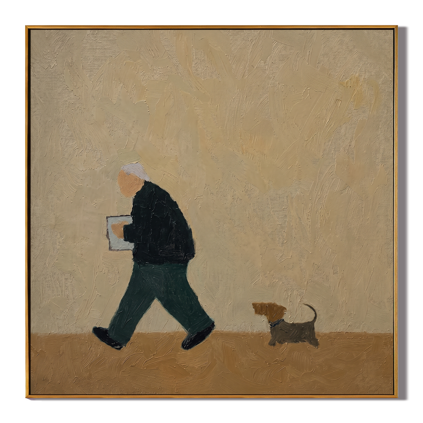 The Parcel Goes Walking — Dog Walker with Parcel Painting | Minimalist Figurative Square Wall Art – gold and brown minimalist figurative people & pets art, square hand-painted canvas art – view 1