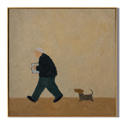 The Parcel Goes Walking — Dog Walker with Parcel Painting | Minimalist Figurative Square Wall Art – gold and brown minimalist figurative people & pets art, square hand-painted canvas art – view 1