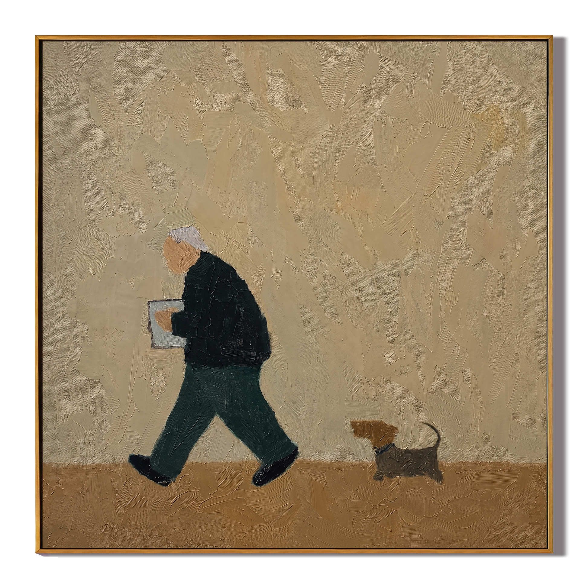 The Parcel Goes Walking — Dog Walker with Parcel Painting | Minimalist Figurative Square Wall Art – gold and brown minimalist figurative people & pets art, square hand-painted canvas art – view 1