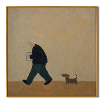 The Parcel Goes Walking — Dog Walker with Parcel Painting | Minimalist Figurative Square Wall Art – gold and brown minimalist figurative people & pets art, square hand-painted canvas art – view 1