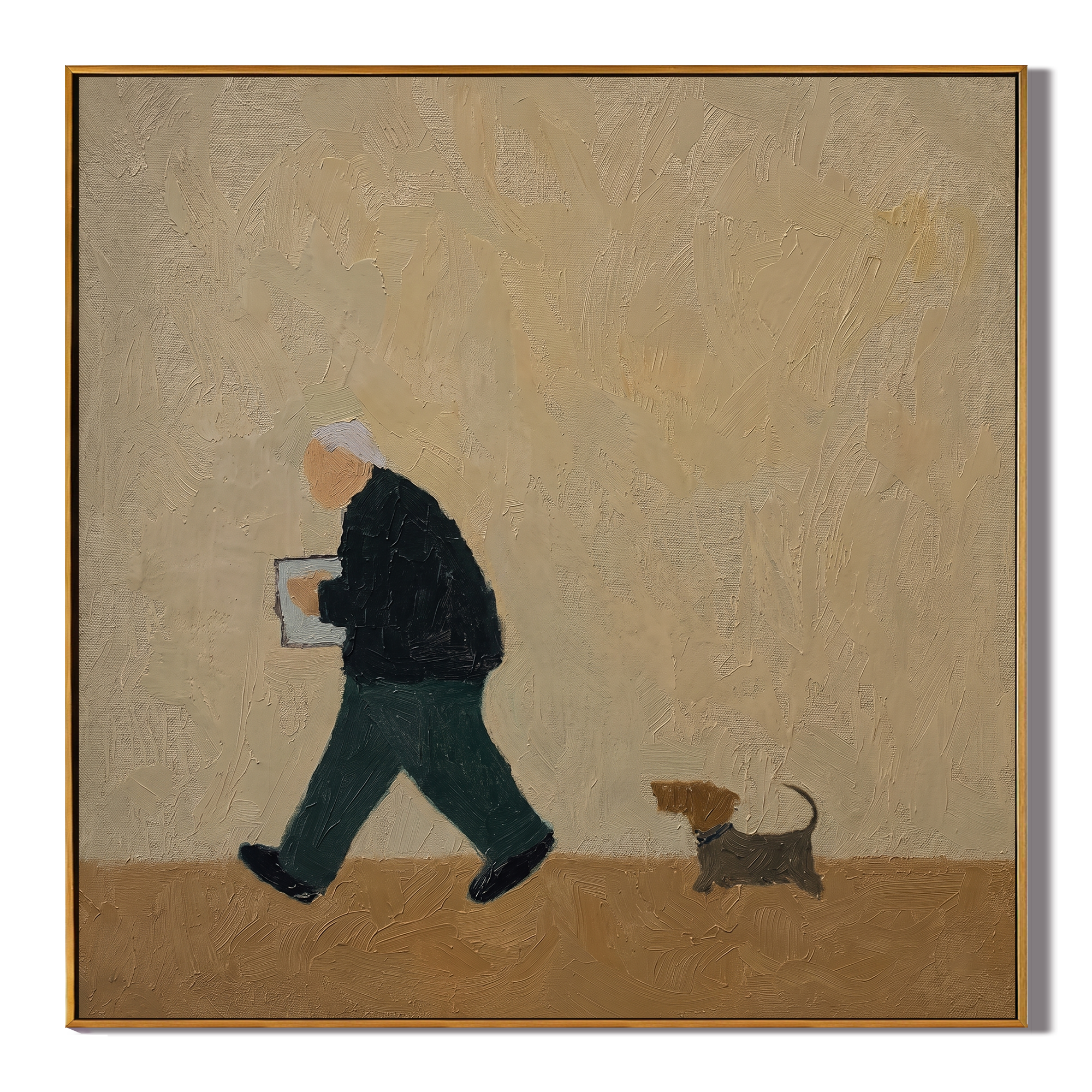 The Parcel Goes Walking — Dog Walker with Parcel Painting | Minimalist Figurative Square Wall Art – gold and brown minimalist figurative people & pets art, square hand-painted canvas art – view 1