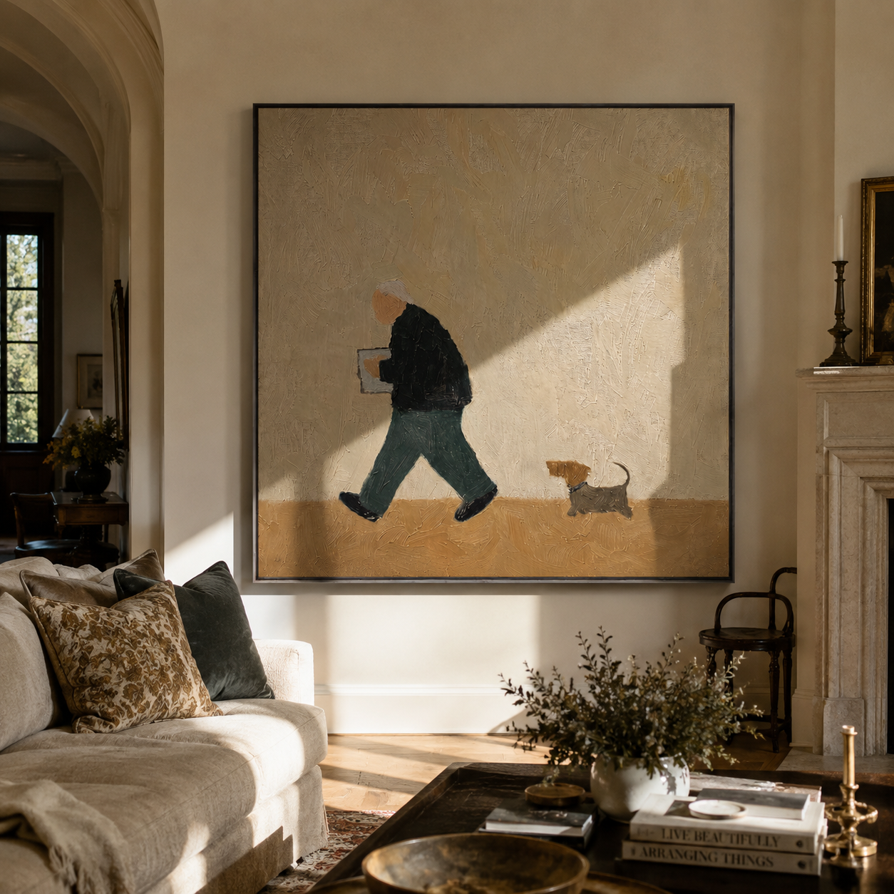 The Parcel Goes Walking — Dog Walker with Parcel Painting | Minimalist Figurative Square Wall Art – gold and brown minimalist figurative people & pets art, square hand-painted canvas art – view 2