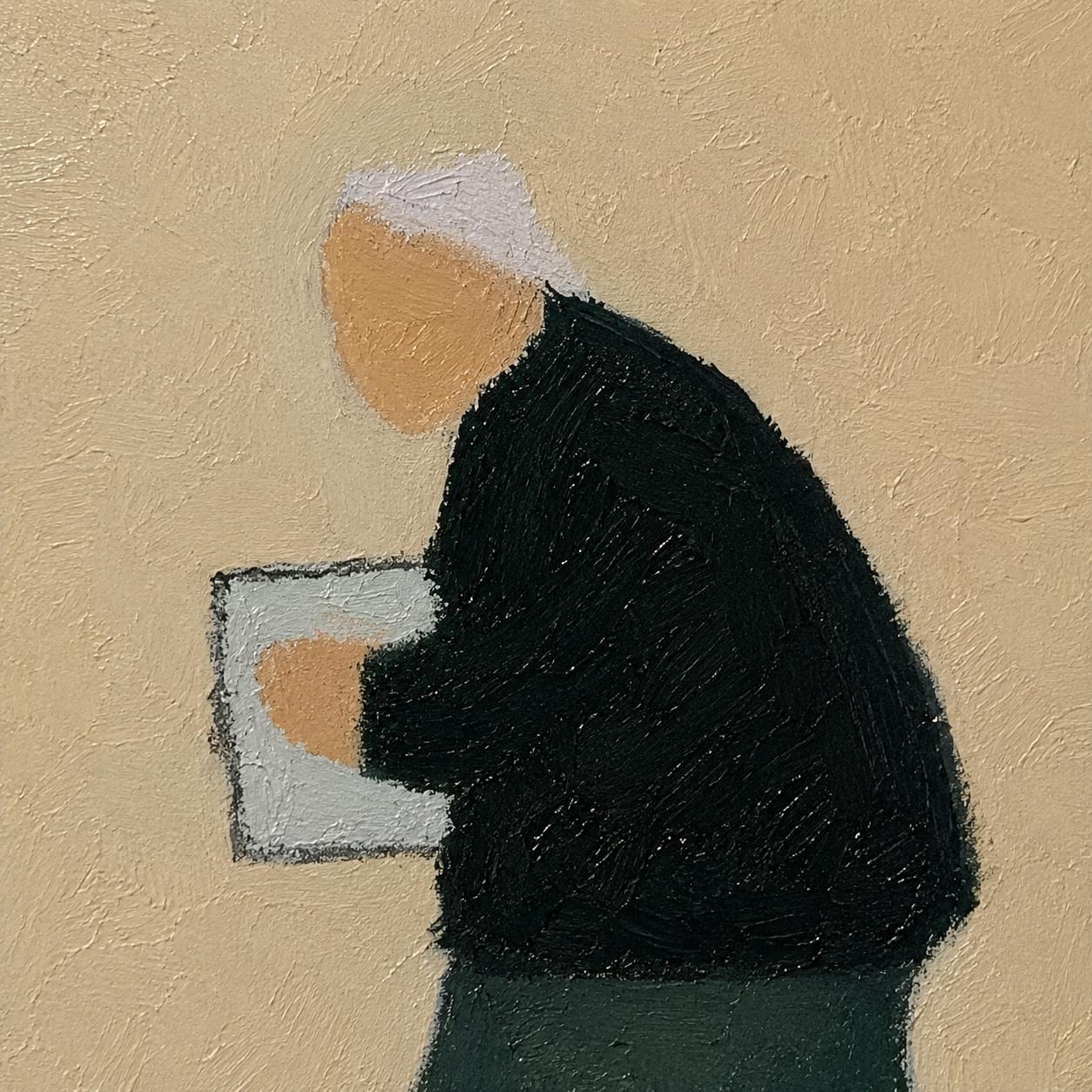 The Parcel Goes Walking — Dog Walker with Parcel Painting | Minimalist Figurative Square Wall Art – gold and brown minimalist figurative people & pets art, square hand-painted canvas art – view 4