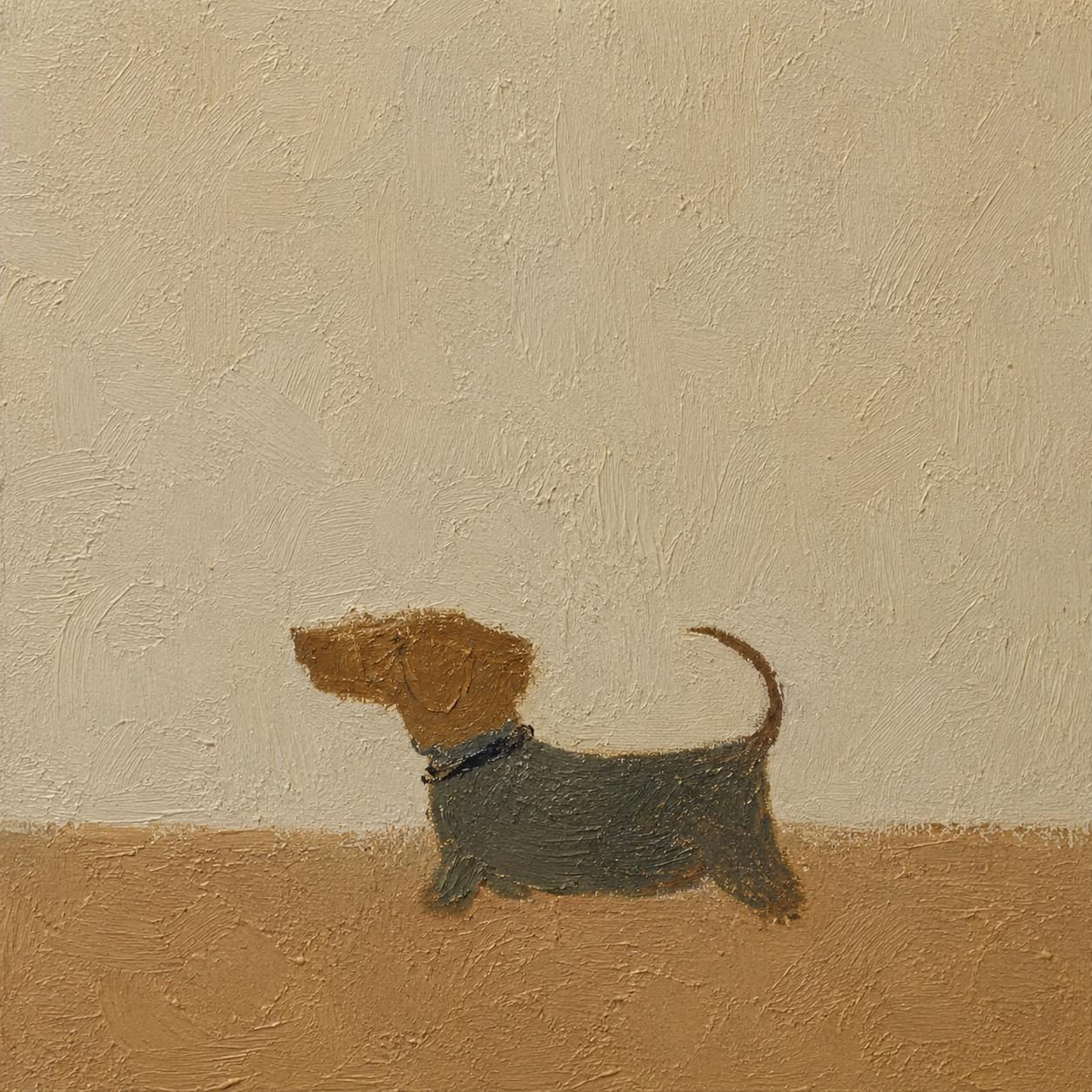 The Parcel Goes Walking — Dog Walker with Parcel Painting | Minimalist Figurative Square Wall Art – gold and brown minimalist figurative people & pets art, square hand-painted canvas art – view 6