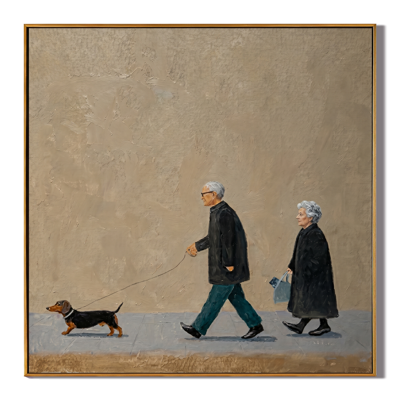 Two Steps One Leash — Elderly Couple and Dachshund Painting | Minimalist Figurative Square Wall Art – brown and gold minimalist figurative people & pets art, square hand-painted canvas art – view 1