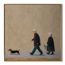 Two Steps One Leash — Elderly Couple and Dachshund Painting | Minimalist Figurative Square Wall Art – brown and gold minimalist figurative people & pets art, square hand-painted canvas art – view 1
