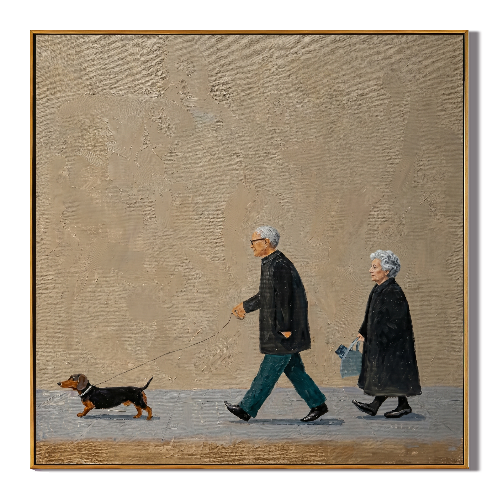 Two Steps One Leash — Elderly Couple and Dachshund Painting | Minimalist Figurative Square Wall Art – brown and gold minimalist figurative people & pets art, square hand-painted canvas art – view 1
