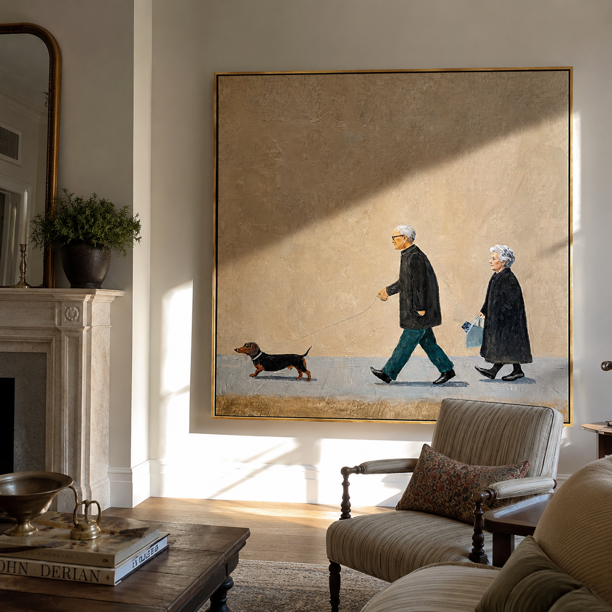 Two Steps One Leash — Elderly Couple and Dachshund Painting | Minimalist Figurative Square Wall Art – brown and gold minimalist figurative people & pets art, square hand-painted canvas art – view 4