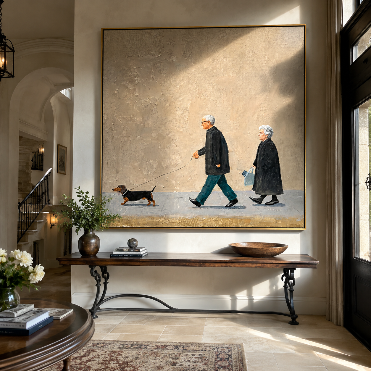 Two Steps One Leash — Elderly Couple and Dachshund Painting | Minimalist Figurative Square Wall Art – brown and gold minimalist figurative people & pets art, square hand-painted canvas art – view 5