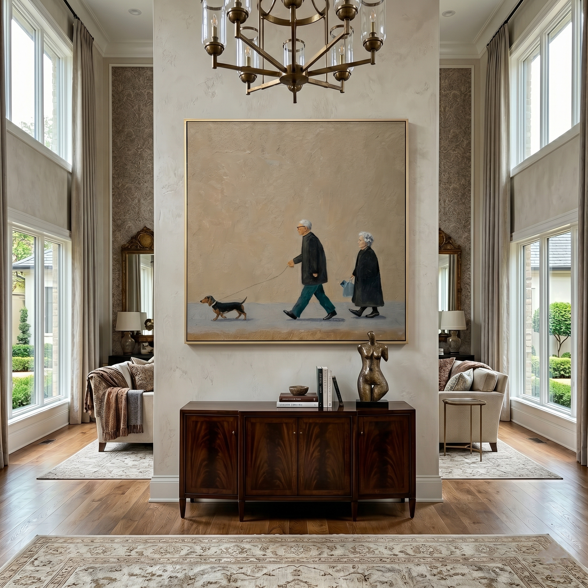 Two Steps One Leash — Elderly Couple and Dachshund Painting | Minimalist Figurative Square Wall Art – brown and gold minimalist figurative people & pets art, square hand-painted canvas art – view 6