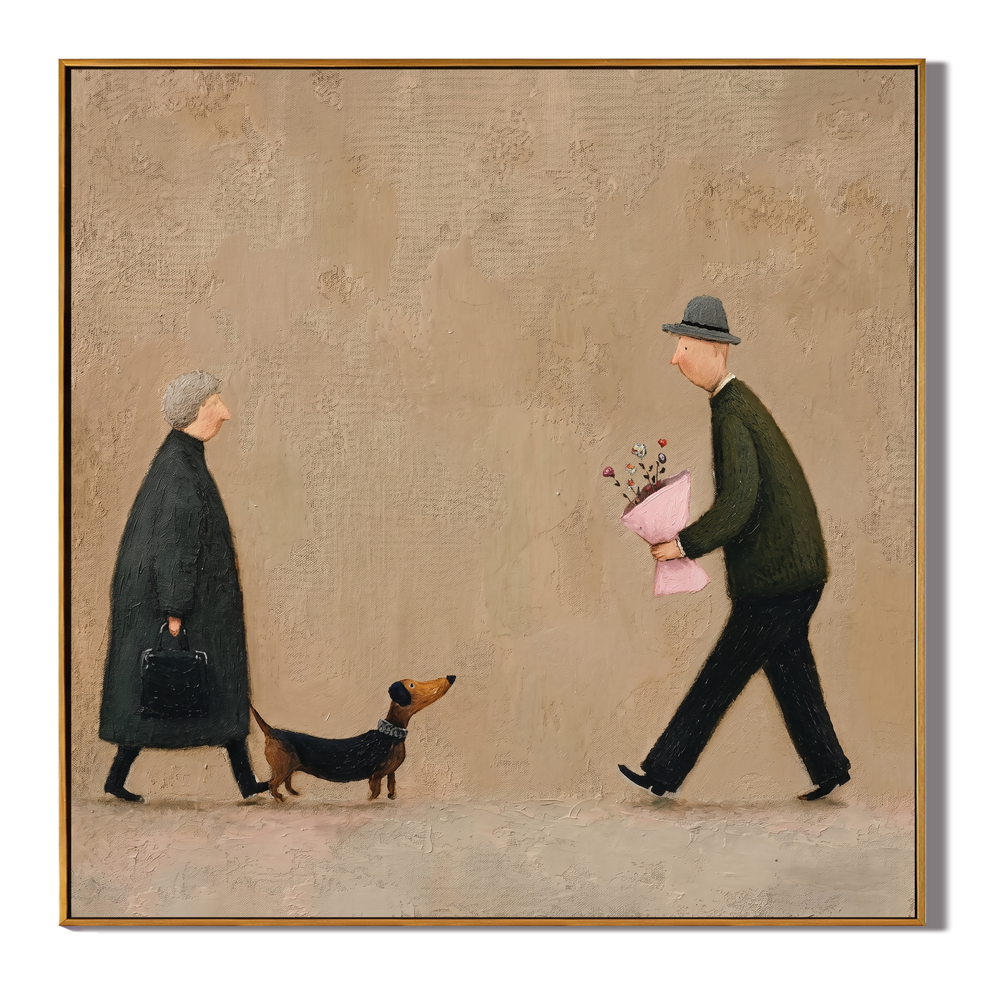 Flowers Meet Between Footsteps — Couple Meeting with Dachshund Painting | Minimalist Figurative Square Wall Art – brown and gold minimalist figurative people & pets art, square hand-painted canvas art – view 1