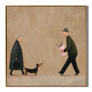 Flowers Meet Between Footsteps — Couple Meeting with Dachshund Painting | Minimalist Figurative Square Wall Art – brown and gold minimalist figurative people & pets art, square hand-painted canvas art – view 1