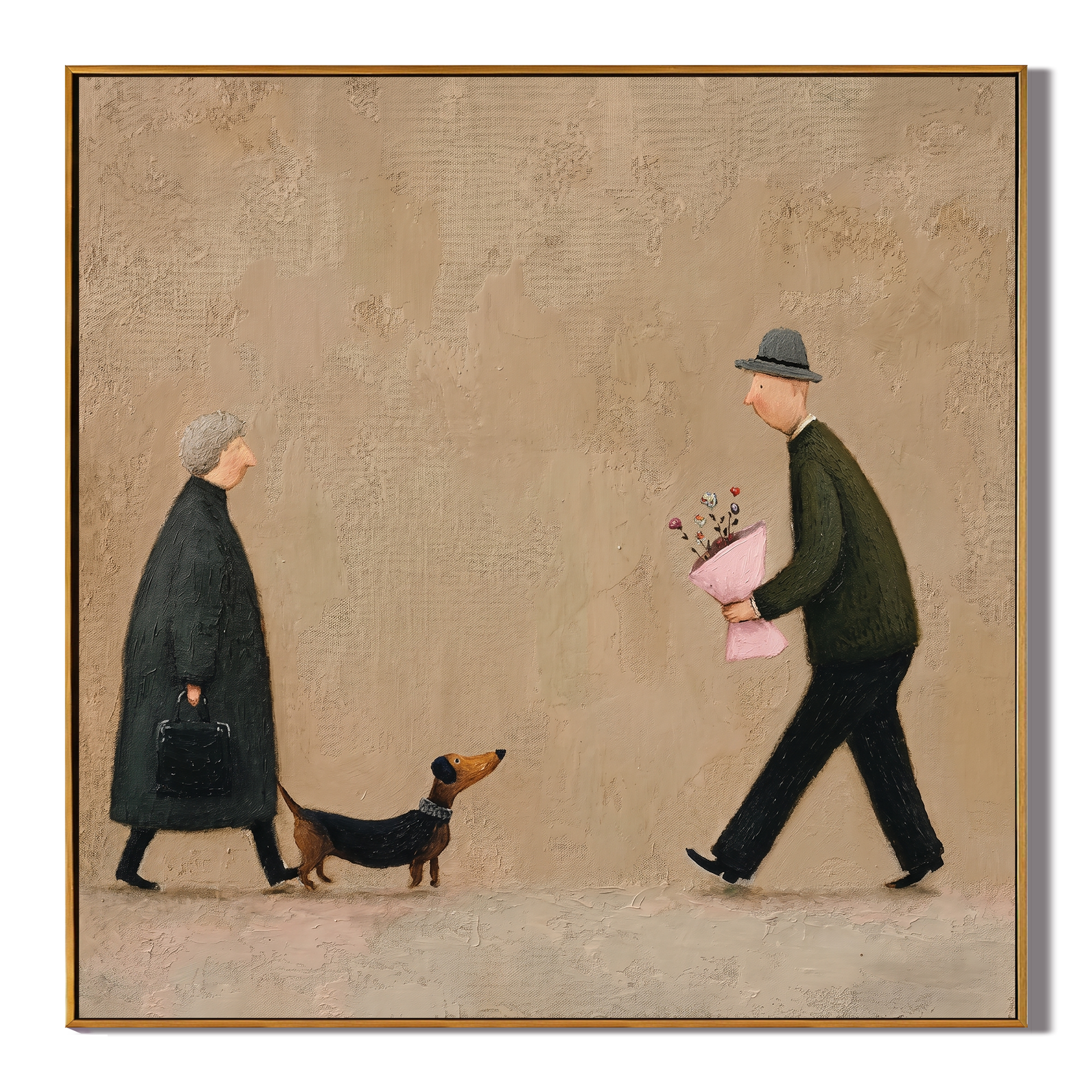 Flowers Meet Between Footsteps — Couple Meeting with Dachshund Painting | Minimalist Figurative Square Wall Art – brown and gold minimalist figurative people & pets art, square hand-painted canvas art – view 1