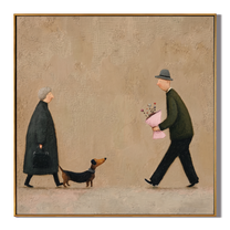 Flowers Meet Between Footsteps — Couple Meeting with Dachshund Painting | Minimalist Figurative Square Wall Art – brown and gold minimalist figurative people & pets art, square hand-painted canvas art – view 1