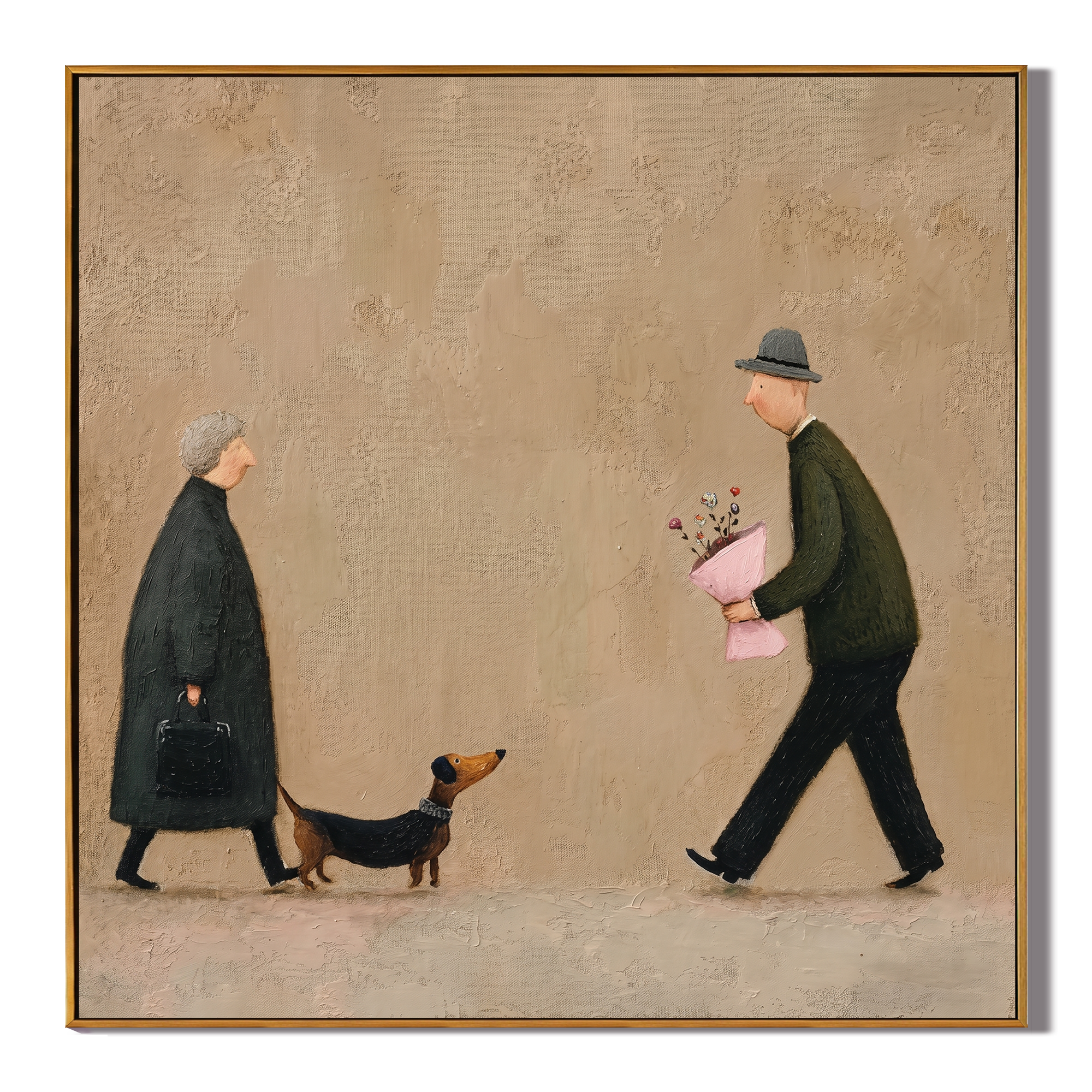 Flowers Meet Between Footsteps — Couple Meeting with Dachshund Painting | Minimalist Figurative Square Wall Art – brown and gold minimalist figurative people & pets art, square hand-painted canvas art – view 1