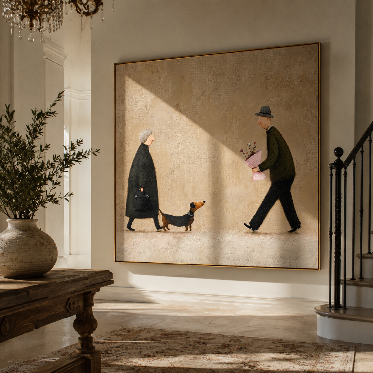 Flowers Meet Between Footsteps — Couple Meeting with Dachshund Painting | Minimalist Figurative Square Wall Art – brown and gold minimalist figurative people & pets art, square hand-painted canvas art – view 2