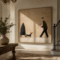 Flowers Meet Between Footsteps — Couple Meeting with Dachshund Painting | Minimalist Figurative Square Wall Art – brown and gold minimalist figurative people & pets art, square hand-painted canvas art – view 2