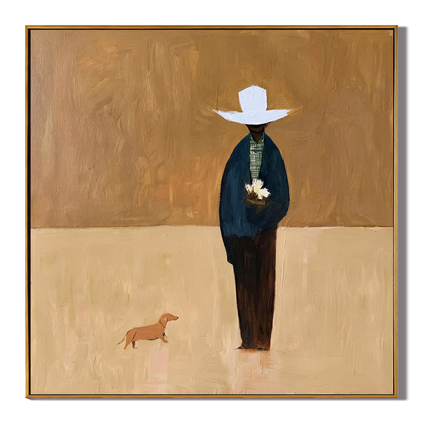 White Hat Waits Alone — White-Hat Figure with Dog Painting | Minimalist Figurative Square Wall Art – gold and brown minimalist figurative people & pets art, square hand-painted canvas art – view 1