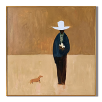 White Hat Waits Alone — White-Hat Figure with Dog Painting | Minimalist Figurative Square Wall Art – gold and brown minimalist figurative people & pets art, square hand-painted canvas art – view 1
