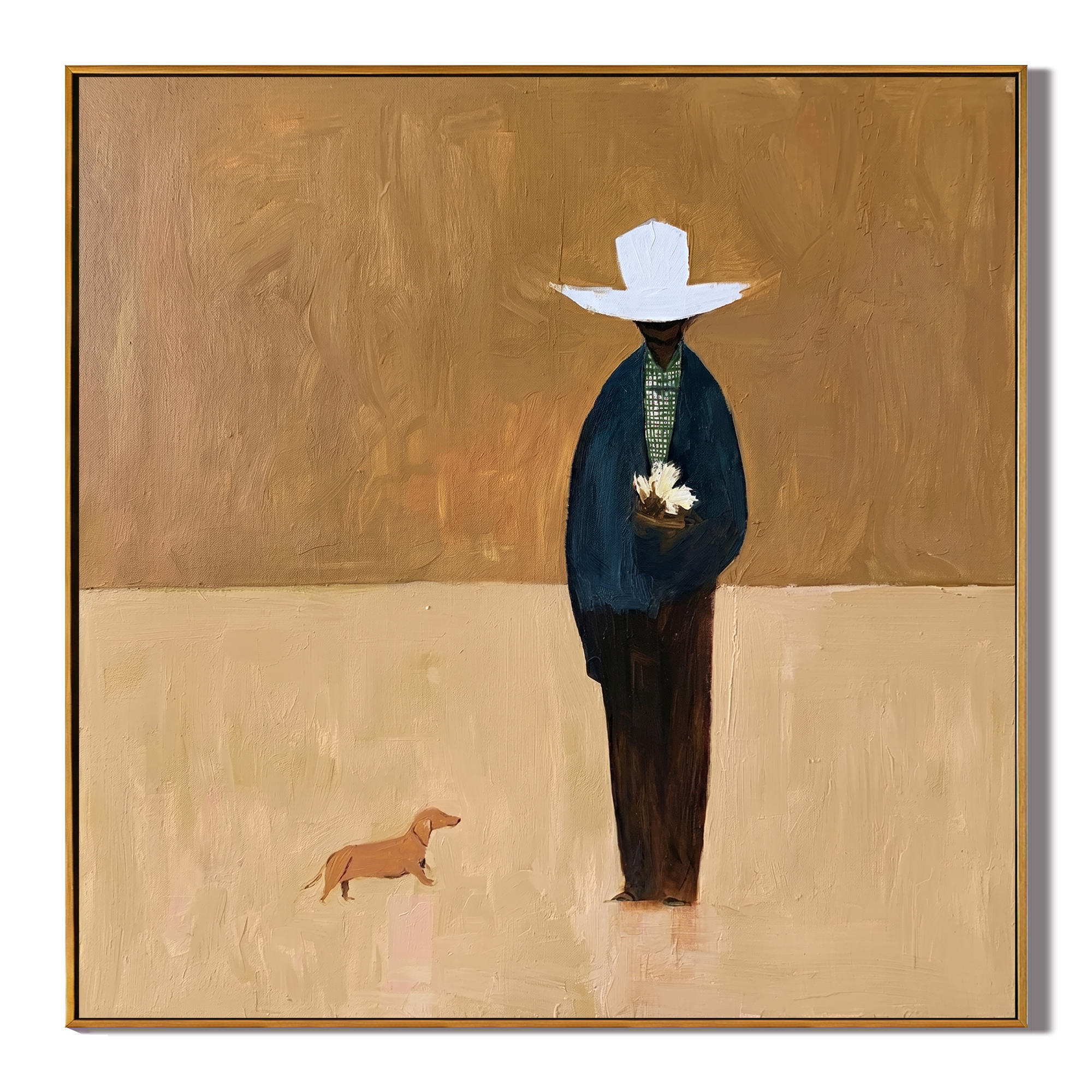 White Hat Waits Alone — White-Hat Figure with Dog Painting | Minimalist Figurative Square Wall Art – gold and brown minimalist figurative people & pets art, square hand-painted canvas art – view 1