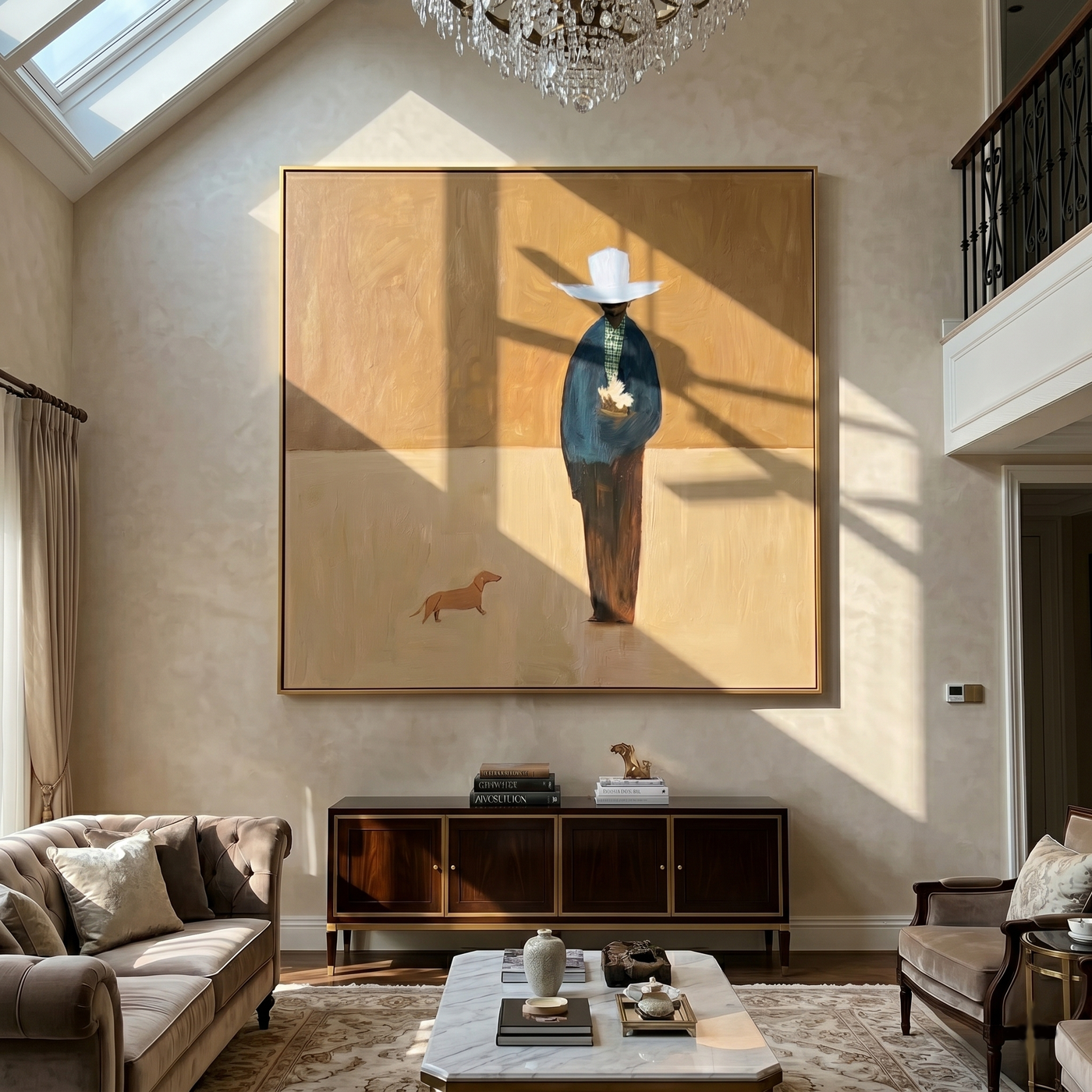 White Hat Waits Alone — White-Hat Figure with Dog Painting | Minimalist Figurative Square Wall Art – gold and brown minimalist figurative people & pets art, square hand-painted canvas art – view 2