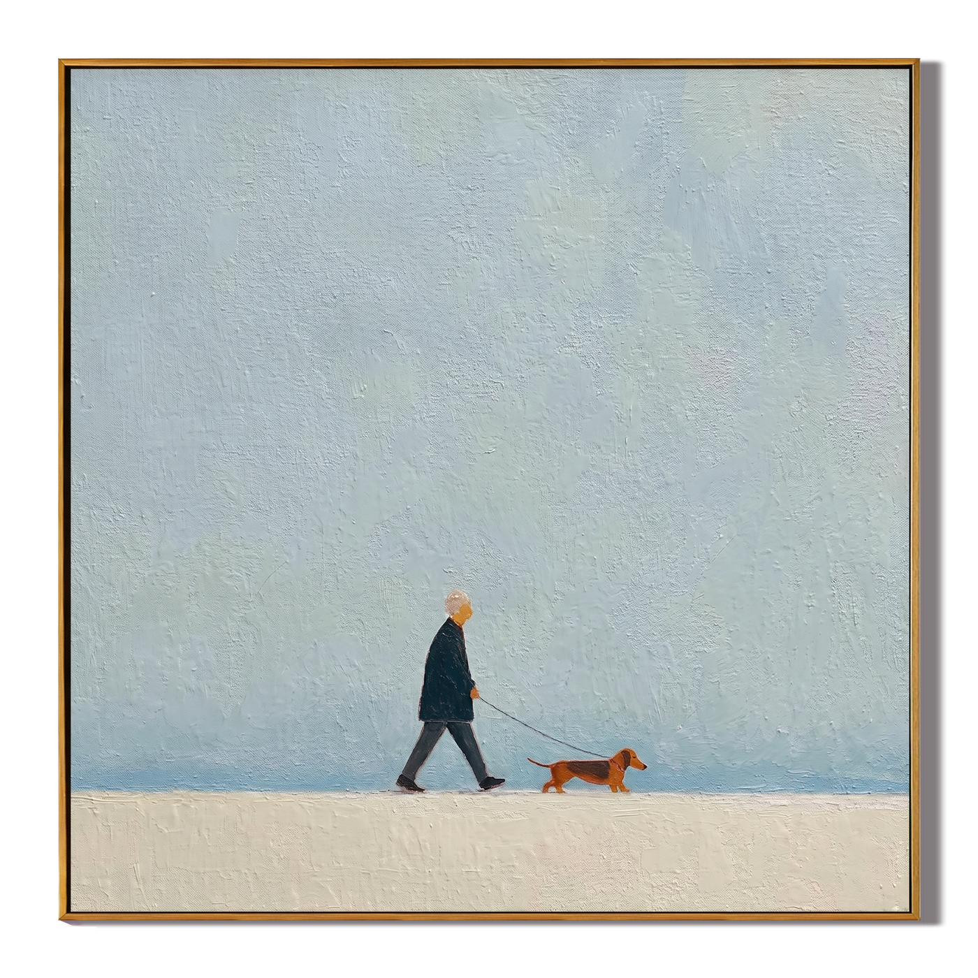 Blue Sky Little Journey — Minimalist Dachshund Walk Painting | Minimalist Figurative Square Wall Art – gray minimalist figurative people & pets art, square hand-painted canvas art – view 1