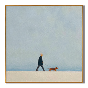 Blue Sky Little Journey — Minimalist Dachshund Walk Painting | Minimalist Figurative Square Wall Art – gray minimalist figurative people & pets art, square hand-painted canvas art – view 1