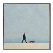 Blue Sky Little Journey — Minimalist Dachshund Walk Painting | Minimalist Figurative Square Wall Art – gray minimalist figurative people & pets art, square hand-painted canvas art – view 1