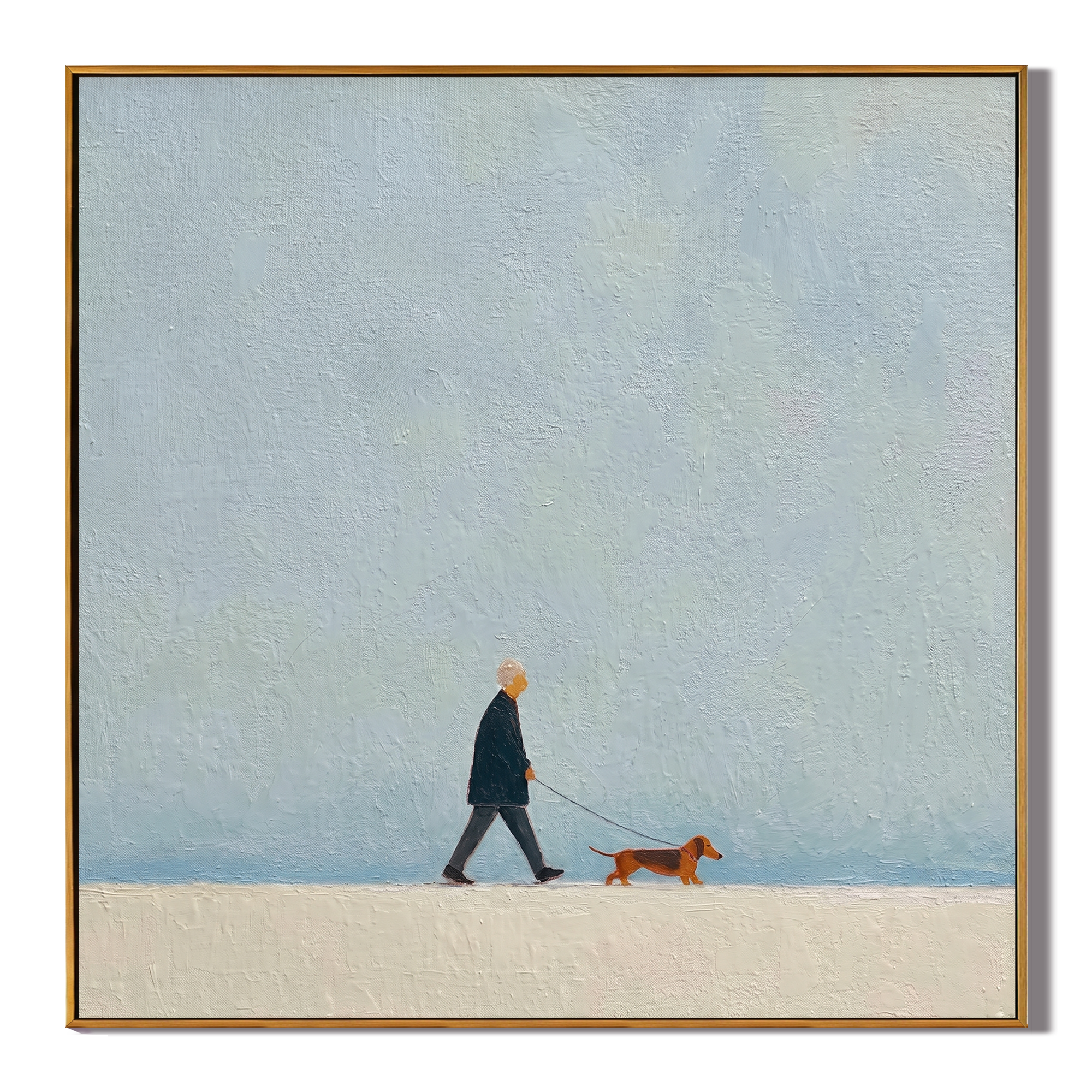 Blue Sky Little Journey — Minimalist Dachshund Walk Painting | Minimalist Figurative Square Wall Art – gray minimalist figurative people & pets art, square hand-painted canvas art – view 1