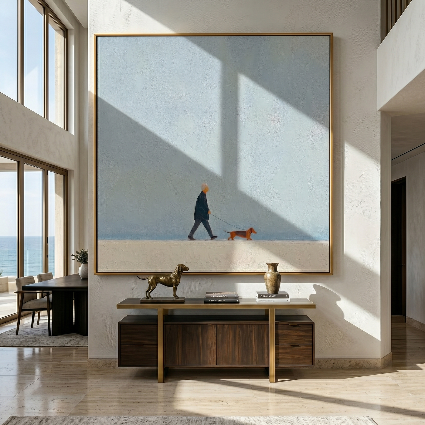 Blue Sky Little Journey — Minimalist Dachshund Walk Painting | Minimalist Figurative Square Wall Art – gray minimalist figurative people & pets art, square hand-painted canvas art – view 3