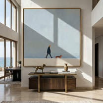 Blue Sky Little Journey — Minimalist Dachshund Walk Painting | Minimalist Figurative Square Wall Art – gray minimalist figurative people & pets art, square hand-painted canvas art – view 3