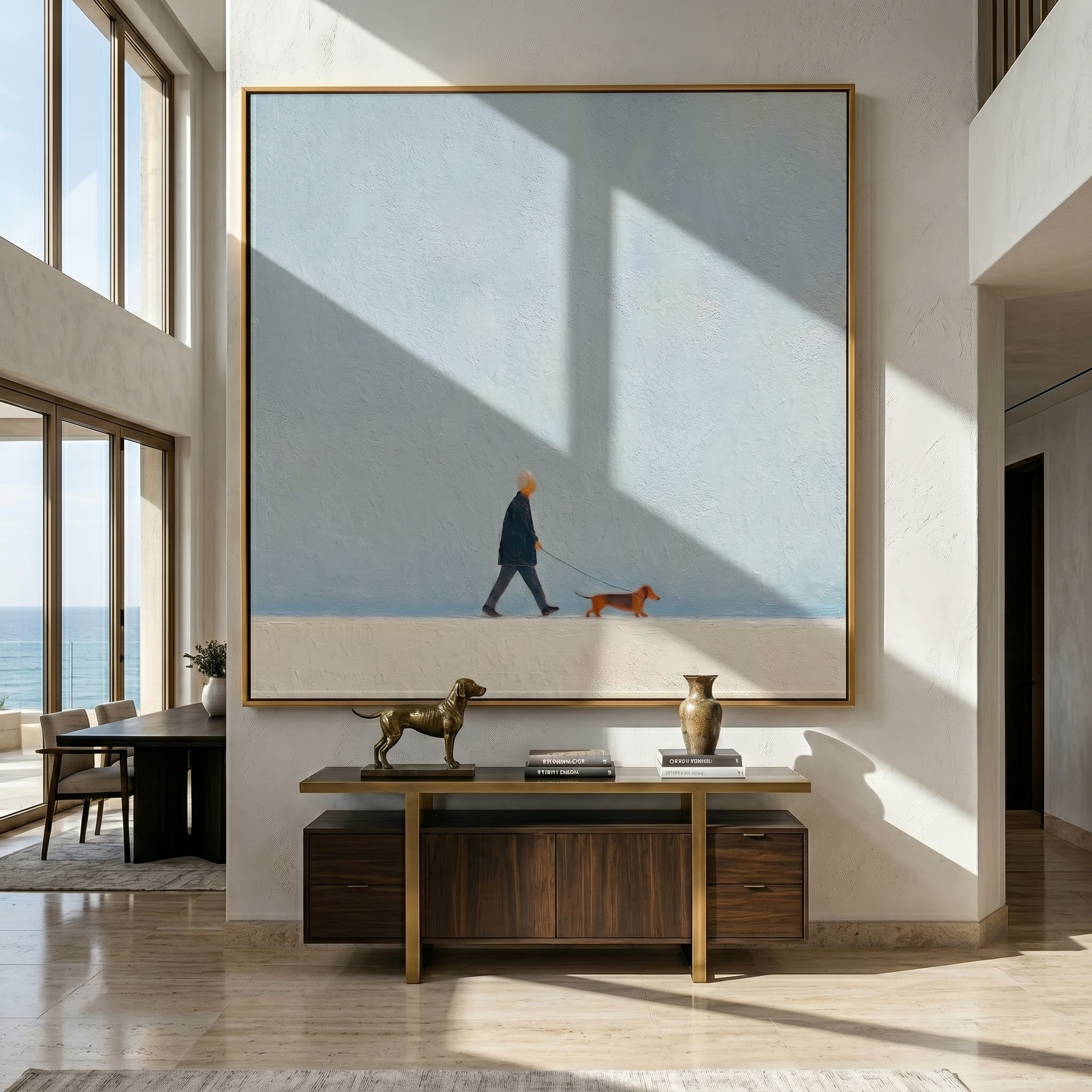 Blue Sky Little Journey — Minimalist Dachshund Walk Painting | Minimalist Figurative Square Wall Art – gray minimalist figurative people & pets art, square hand-painted canvas art – view 3