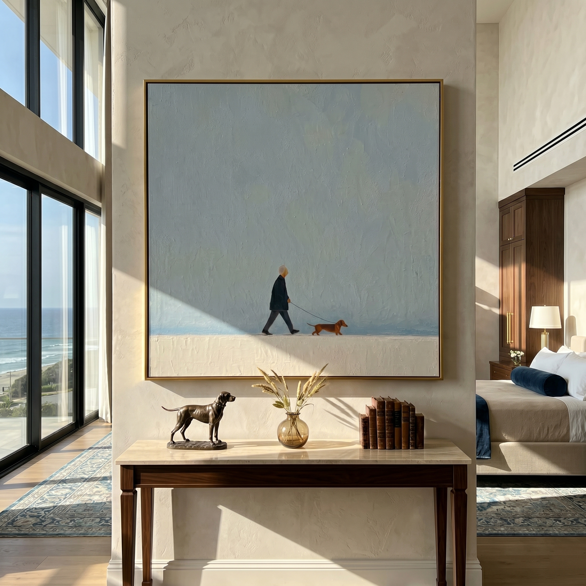 Blue Sky Little Journey — Minimalist Dachshund Walk Painting | Minimalist Figurative Square Wall Art – gray minimalist figurative people & pets art, square hand-painted canvas art – view 5