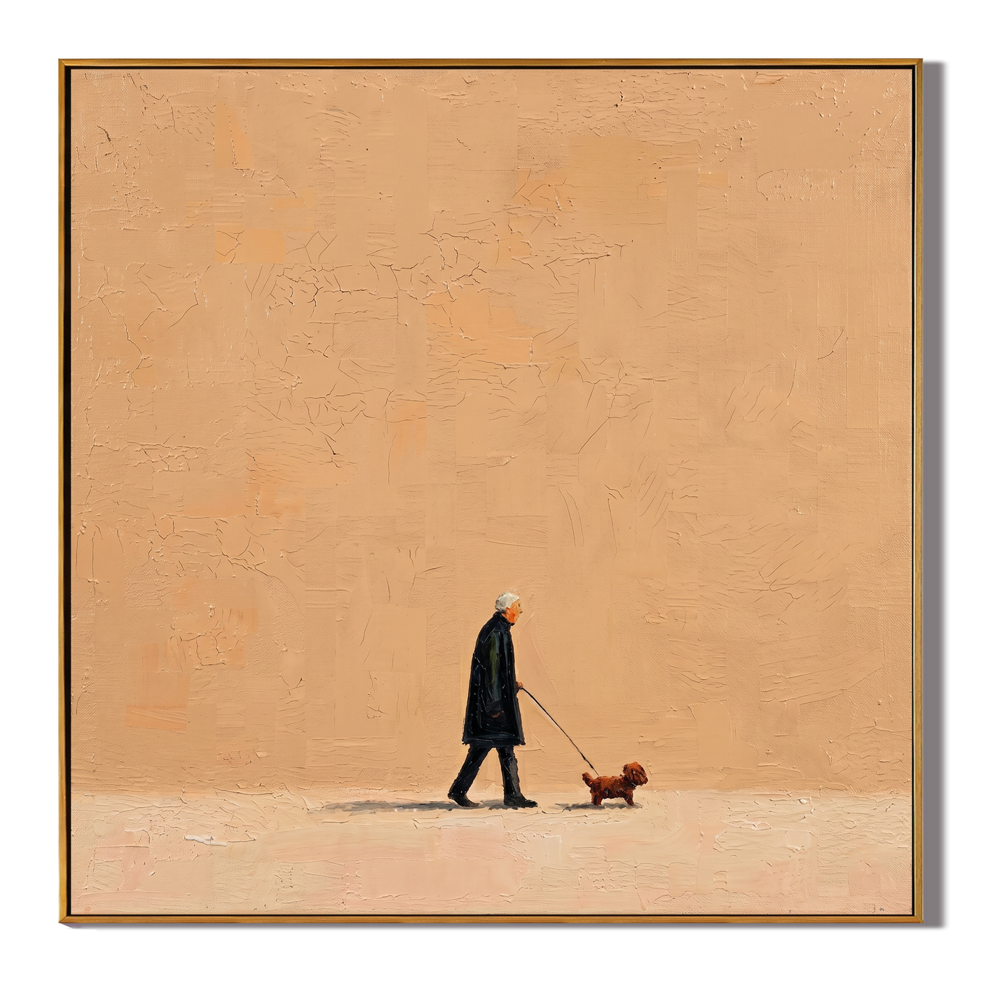 Orange Evening Walks Slowly — Minimalist Evening Dog Walk Painting | Minimalist Figurative Square Wall Art – brown minimalist figurative people & pets art, square hand-painted canvas art – view 1