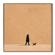 Orange Evening Walks Slowly — Minimalist Evening Dog Walk Painting | Minimalist Figurative Square Wall Art – brown minimalist figurative people & pets art, square hand-painted canvas art – view 1