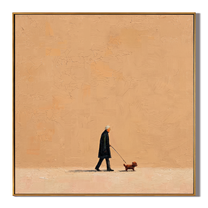 Orange Evening Walks Slowly — Minimalist Evening Dog Walk Painting | Minimalist Figurative Square Wall Art – brown minimalist figurative people & pets art, square hand-painted canvas art – view 1