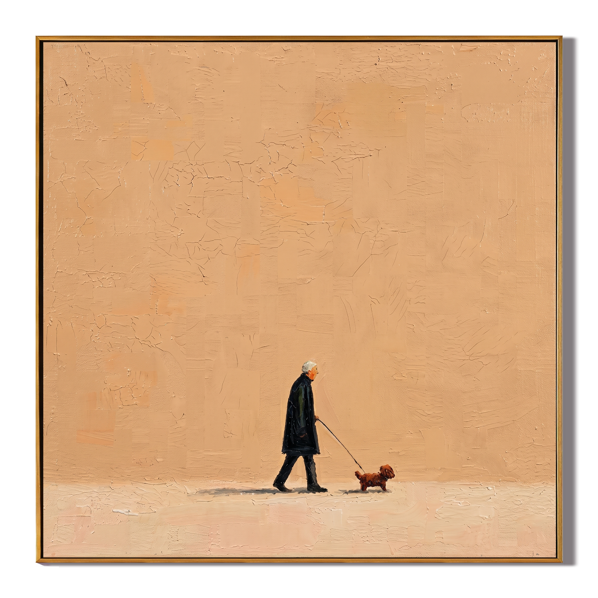 Orange Evening Walks Slowly — Minimalist Evening Dog Walk Painting | Minimalist Figurative Square Wall Art – brown minimalist figurative people & pets art, square hand-painted canvas art – view 1